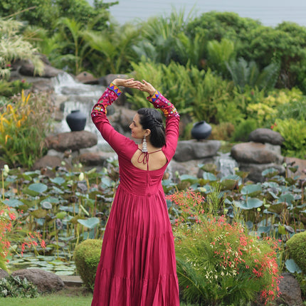 Lorenvalley Fashion Maroon Rayon Kutchi Gamthi Work Gown