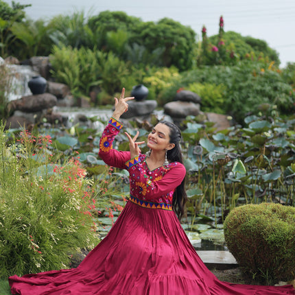 Lorenvalley Fashion Maroon Rayon Kutchi Gamthi Work Gown
