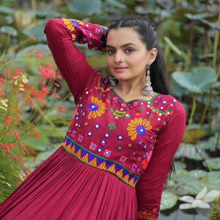 Lorenvalley Fashion Maroon Rayon Kutchi Gamthi Work Gown