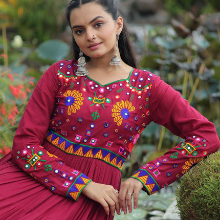 Lorenvalley Fashion Maroon Rayon Kutchi Gamthi Work Gown