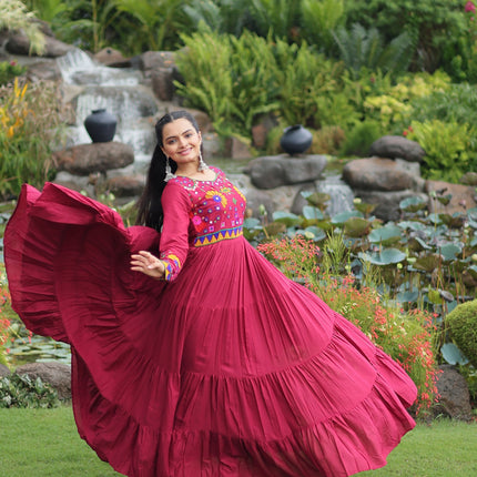 Lorenvalley Fashion Maroon Rayon Kutchi Gamthi Work Gown