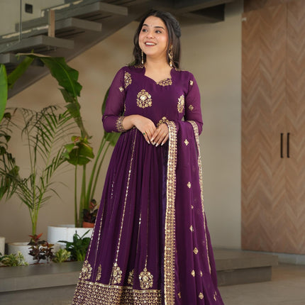 Prazu Fashion Purple Georgette Rich Zari & Sequins Embroidered Gown