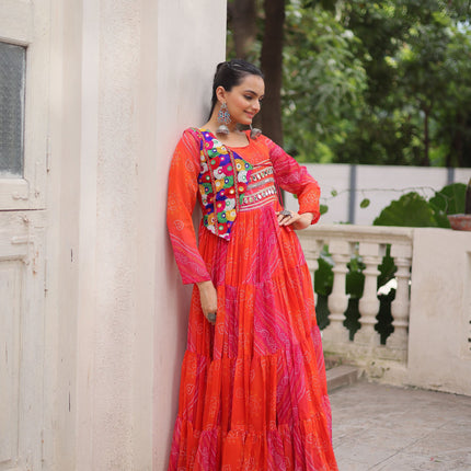 Lorenvalley Fashion Multicolor Faux Georgette Laheriya & Bandhej Print with kutchi patche work Gown