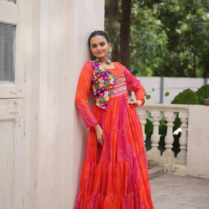 Lorenvalley Fashion Multicolor Faux Georgette Laheriya & Bandhej Print with kutchi patche work Gown