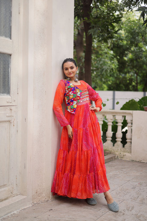 Lorenvalley Fashion Multicolor Faux Georgette Laheriya & Bandhej Print with kutchi patche work Gown