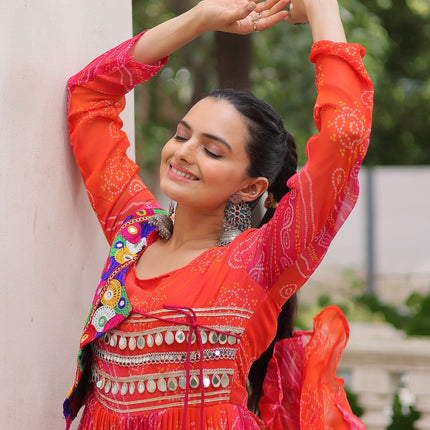 Lorenvalley Fashion Multicolor Faux Georgette Laheriya & Bandhej Print with kutchi patche work Gown