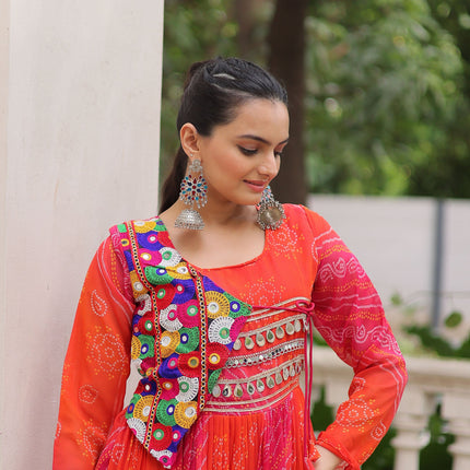 Lorenvalley Fashion Multicolor Faux Georgette Laheriya & Bandhej Print with kutchi patche work Gown