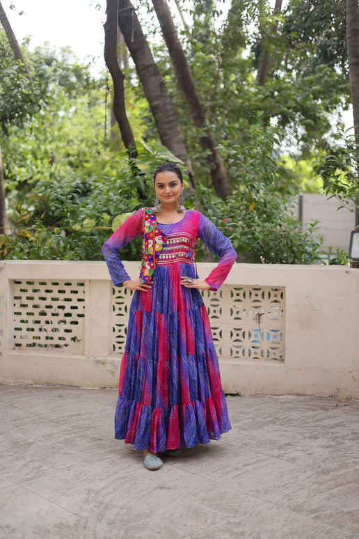 Lorenvalley Fashion Multicolor Faux Georgette Laheriya & Bandhej Print with kutchi patche work Gown