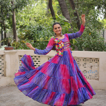 Lorenvalley Fashion Multicolor Faux Georgette Laheriya & Bandhej Print with kutchi patche work Gown