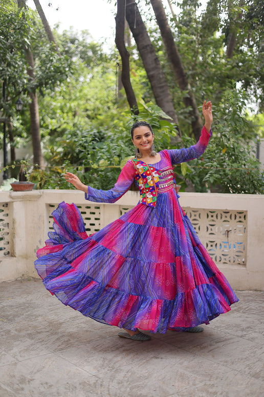 Lorenvalley Fashion Multicolor Faux Georgette Laheriya & Bandhej Print with kutchi patche work Gown