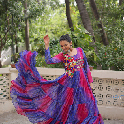 Lorenvalley Fashion Multicolor Faux Georgette Laheriya & Bandhej Print with kutchi patche work Gown