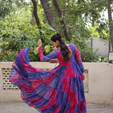 Lorenvalley Fashion Multicolor Faux Georgette Laheriya & Bandhej Print with kutchi patche work Gown