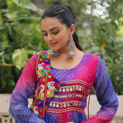 Lorenvalley Fashion Multicolor Faux Georgette Laheriya & Bandhej Print with kutchi patche work Gown