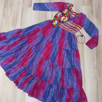 Lorenvalley Fashion Multicolor Faux Georgette Laheriya & Bandhej Print with kutchi patche work Gown