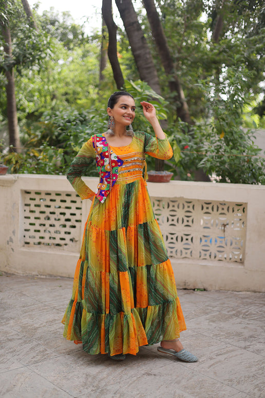 Lorenvalley Fashion Multicolor Faux Georgette Laheriya & Bandhej Print with kutchi patche work Gown