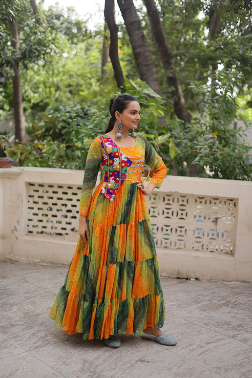 Lorenvalley Fashion Multicolor Faux Georgette Laheriya & Bandhej Print with kutchi patche work Gown