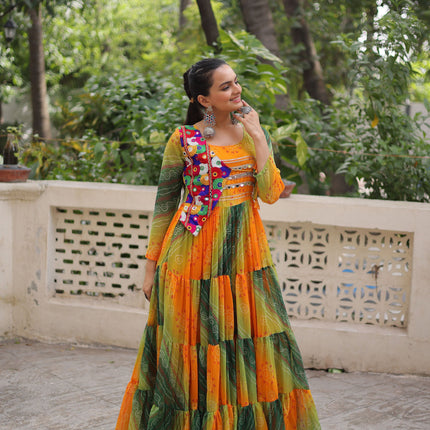 Lorenvalley Fashion Multicolor Faux Georgette Laheriya & Bandhej Print with kutchi patche work Gown