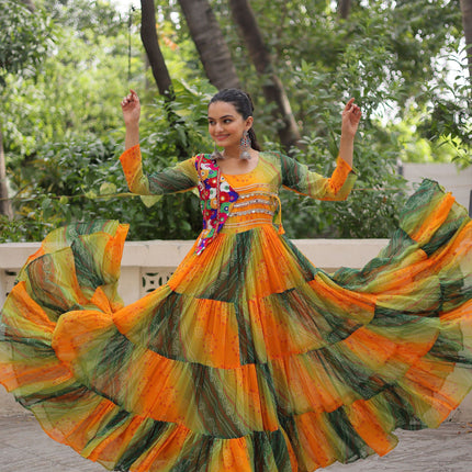 Lorenvalley Fashion Multicolor Faux Georgette Laheriya & Bandhej Print with kutchi patche work Gown