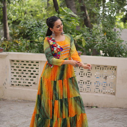 Lorenvalley Fashion Multicolor Faux Georgette Laheriya & Bandhej Print with kutchi patche work Gown