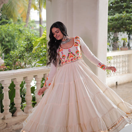 Prazu Fashion Off White Cotton With Multi Thread Embroidered Gown