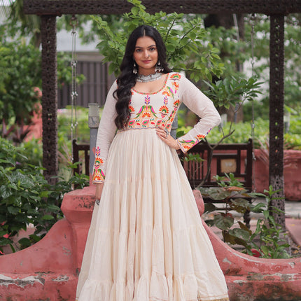 Lorenvalley Fashion Offwhite Kora Cotton with Multi Thread Embroidered & Gota patti Work Gown