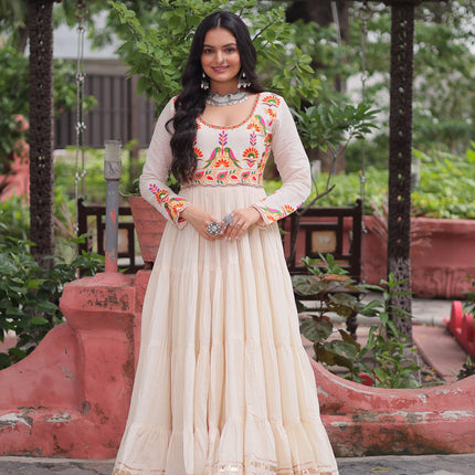 Lorenvalley Fashion Offwhite Kora Cotton with Multi Thread Embroidered & Gota patti Work Gown