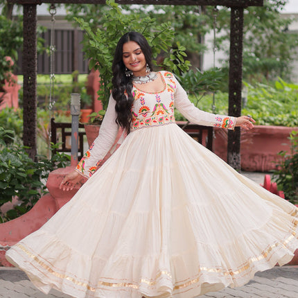 Lorenvalley Fashion Offwhite Kora Cotton with Multi Thread Embroidered & Gota patti Work Gown