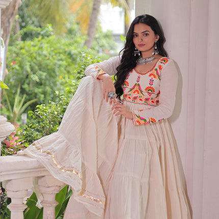 Lorenvalley Fashion Offwhite Kora Cotton with Multi Thread Embroidered & Gota patti Work Gown