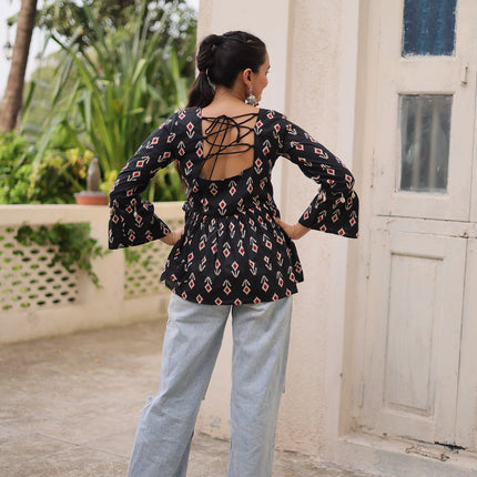 Prazu Fashion Black Cotton Print With Kutchi Patchwork Top For Navratri