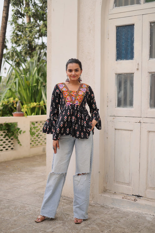 Prazu Fashion Black Cotton Print With Kutchi Patchwork Top For Navratri