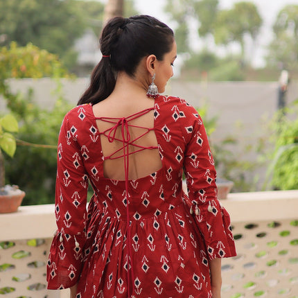 Prazu Fashion Maroon Cotton Print With Kutchi Patchwork Top For Navratri