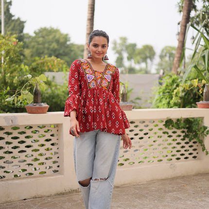 Prazu Fashion Maroon Cotton Print With Kutchi Patchwork Top For Navratri