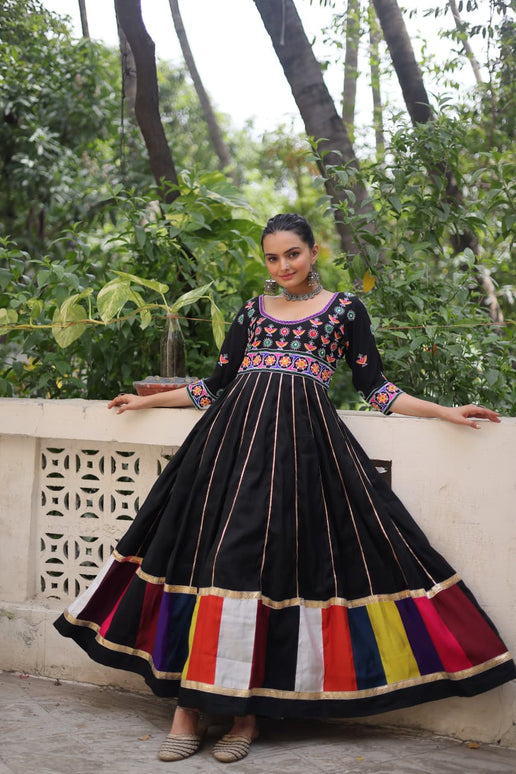 Prazu Fashion Black Roman Multicolour Thread Work & Gota Lace Gown For Navratri