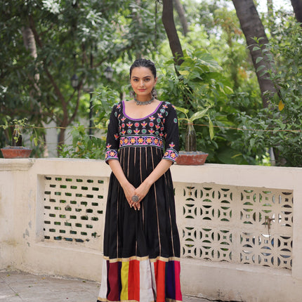 Lorenvalley Fashion Black Roman Silk with Thread work & Gota Lace embellished Work Gown