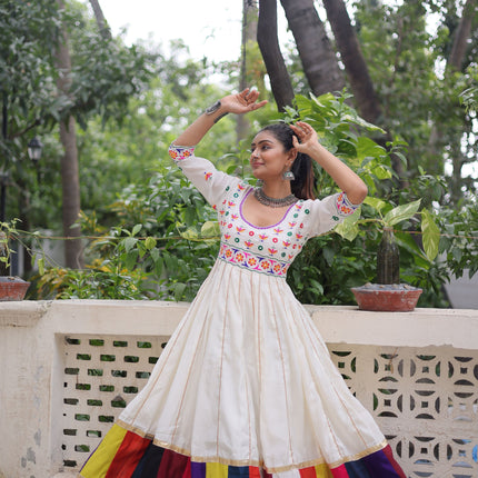 Lorenvalley Fashion White Roman Silk with Thread work & Gota Lace embellished Work Gown