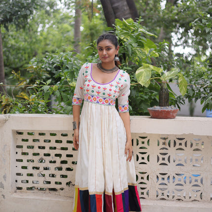 Lorenvalley Fashion White Roman Silk with Thread work & Gota Lace embellished Work Gown