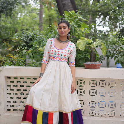 Lorenvalley Fashion White Roman Silk with Thread work & Gota Lace embellished Work Gown