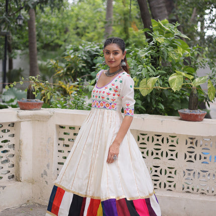 Lorenvalley Fashion White Roman Silk with Thread work & Gota Lace embellished Work Gown