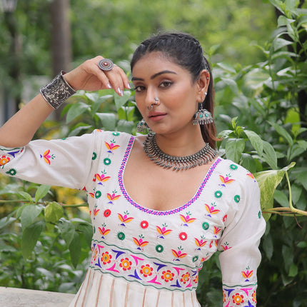 Lorenvalley Fashion White Roman Silk with Thread work & Gota Lace embellished Work Gown