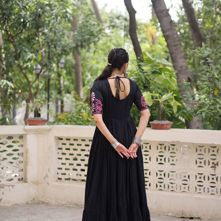 Lorenvalley Fashion Black Rayon with Kutchi Gamthi Embroidered Thread Work Gown