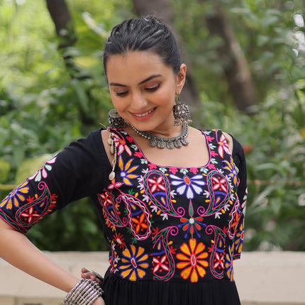 Lorenvalley Fashion Black Rayon with Kutchi Gamthi Embroidered Thread Work Gown