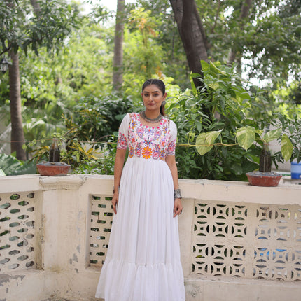 Lorenvalley Fashion White Rayon with Kutchi Gamthi Embroidered Thread Work Gown