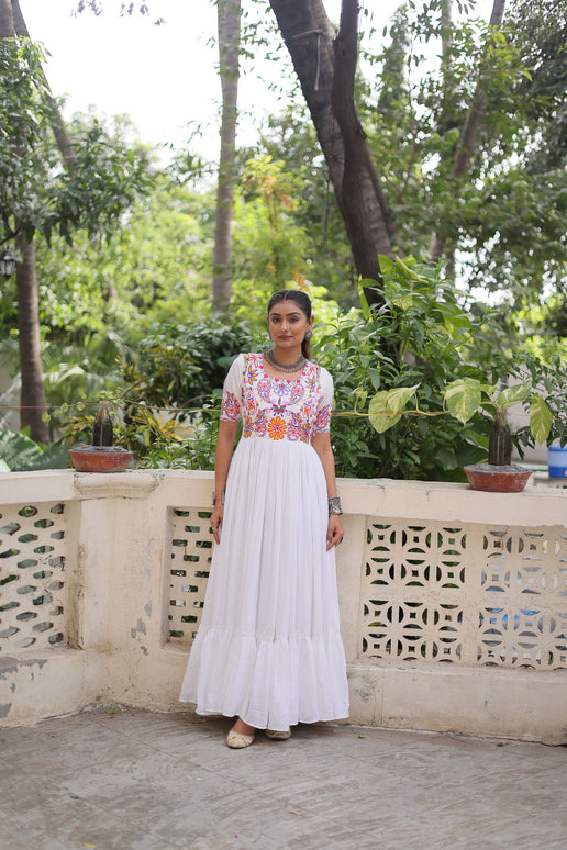 Lorenvalley Fashion White Rayon with Kutchi Gamthi Embroidered Thread Work Gown