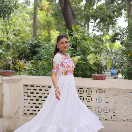 Lorenvalley Fashion White Rayon with Kutchi Gamthi Embroidered Thread Work Gown