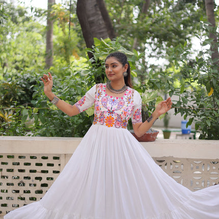 Lorenvalley Fashion White Rayon with Kutchi Gamthi Embroidered Thread Work Gown