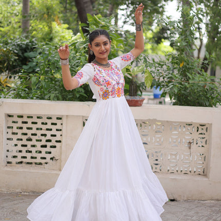 Lorenvalley Fashion White Rayon with Kutchi Gamthi Embroidered Thread Work Gown