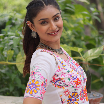 Lorenvalley Fashion White Rayon with Kutchi Gamthi Embroidered Thread Work Gown