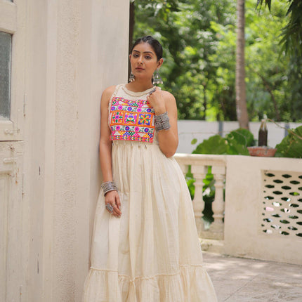 Prazu Fashion Off White Kora Cotton With Multi Thread Embroidered Work Gown