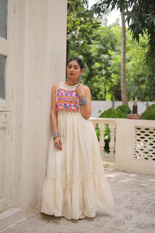 Prazu Fashion Off White Kora Cotton With Multi Thread Embroidered Work Gown