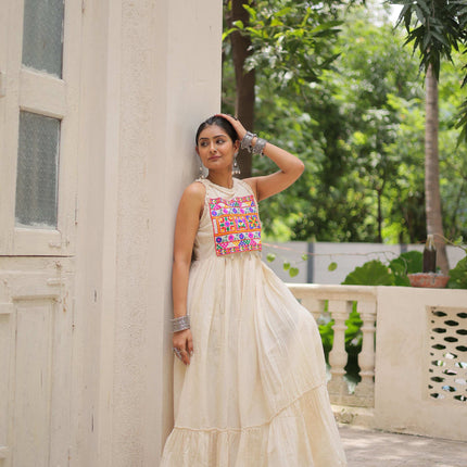 Prazu Fashion Off White Kora Cotton With Multi Thread Embroidered Work Gown